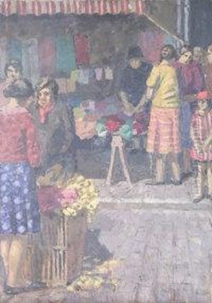 Busy Market Scene Oil Painting by Edwin Ellis