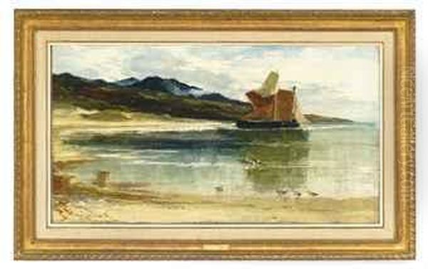 A Boat Moored In A Cove, Seagulls In The Foreground Oil Painting by Edwin Ellis