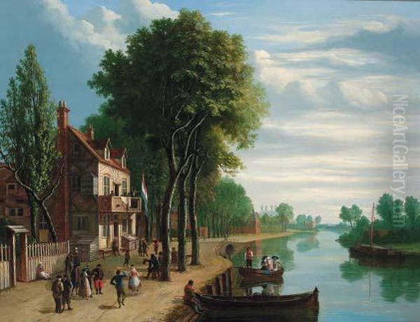 Dutch Figures Merrymaking On The Bank Of A River Oil Painting by Joseph F. Ellis