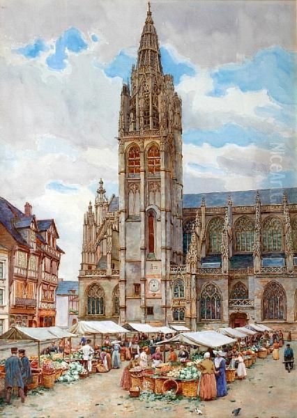 Caudebec Church And Market Oil Painting by Thomas Ellison