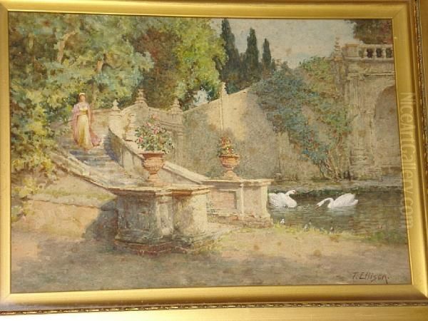 An Elegant Lady In An Italianate Garden Oil Painting by Thomas Ellison