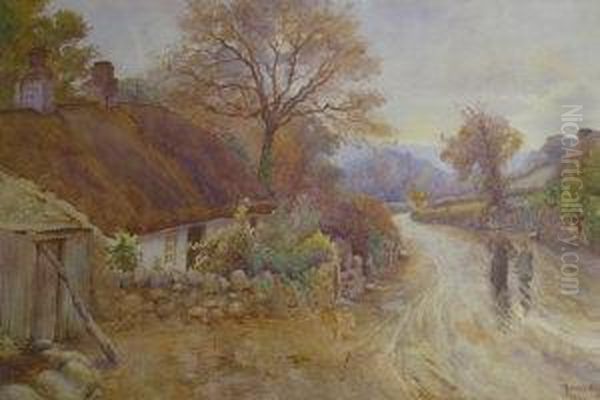 Rural Landscape With Figures In Lane By Thatched Cottage Oil Painting by Thomas Ellison