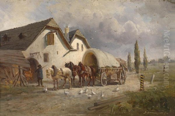 Horse And Carriage In Frontof The Smithy Oil Painting by Ignaz Ellminger