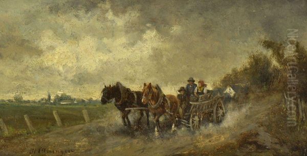 Pferdefuhrwerk Auf Der Landstrase Oil Painting by Ignaz Ellminger