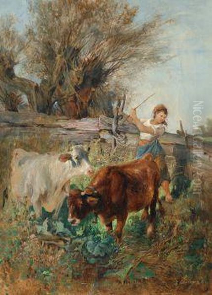 Madchen Beim Viehtrieb Oil Painting by Ignaz Ellminger