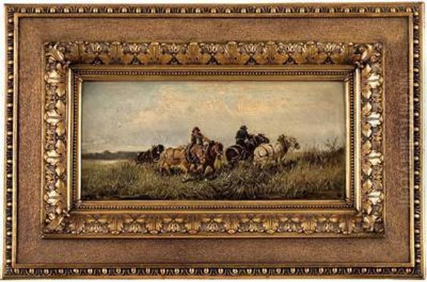 Zwei Reitende Bauern Auf Ihren Arbeitspferden In Wiesenlandschaft Oil Painting by Ignaz Ellminger