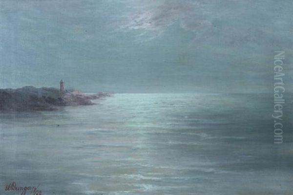 Moonlight On Lake Lenape Near May's Landing Lighthouse, New Jersey Oil Painting by Eva Ellsworth Dungan