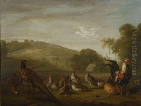 Pheasant, A Cockerel And Other Game Birds In A Landscape Oil Painting by Stephen Elmer