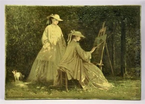 Femmes Au Chevalet En Exterieur Oil Painting by Charles Edouard Elmerich