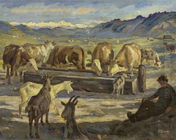 Cattle Watering. Oil Painting by Franz Elmiger