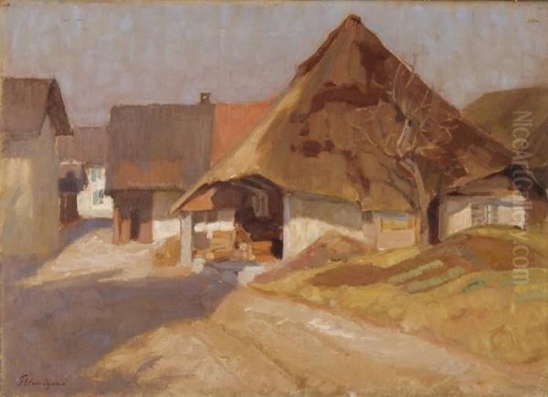 Haus Mit Strohdach In Moriken - Ruckseitig: Schneelandschaft Oil Painting by Franz Elmiger