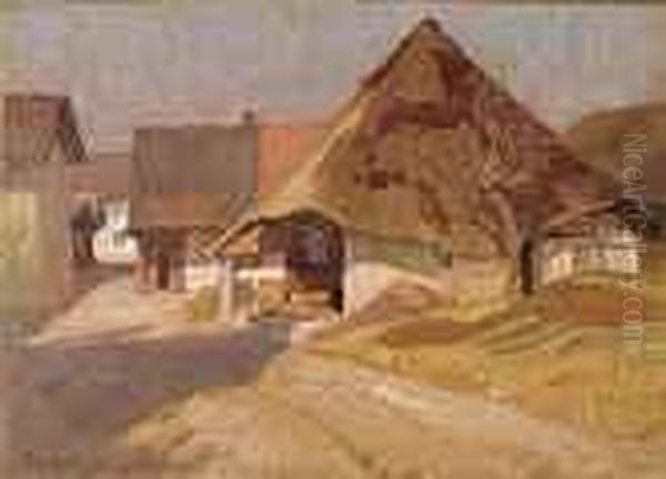 Haus Mit Strohdach In Moriken - Ruckseitig: Oil Painting by Franz Elmiger