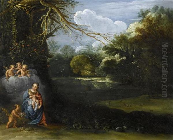 Madonna And Child With Angels In A Landscape. Oil Painting by Adam Elsheimer