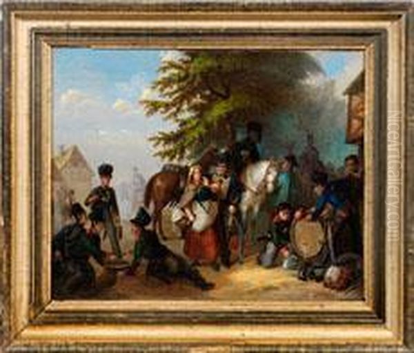 Dorfliche Strasenszene Mit Feiernden Preusischen Husaren Oil Painting by Ludwig Elsholtz