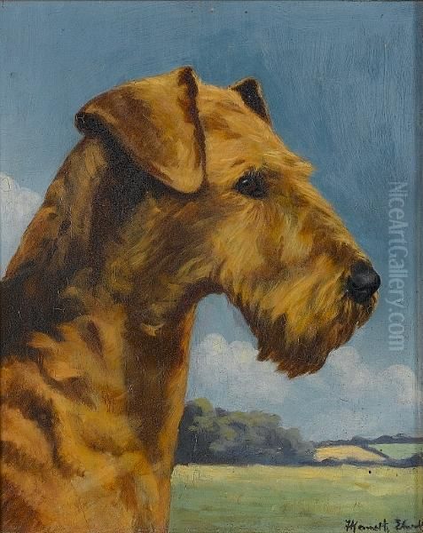 Portrait Of The Airedale Terrier Bitch Sudstone Vivien Oil Painting by Kenneth Elwell