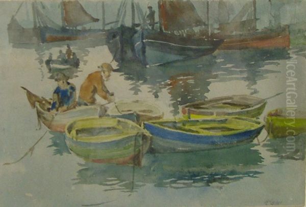 Pair Of Fishermen Tying Oil Painting by Kilby Webb Elwell