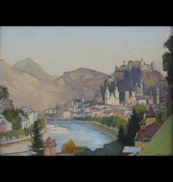 Salzburg, October, View Of The Town The River In The Foreground Oil Painting by Mary Dawson Elwell