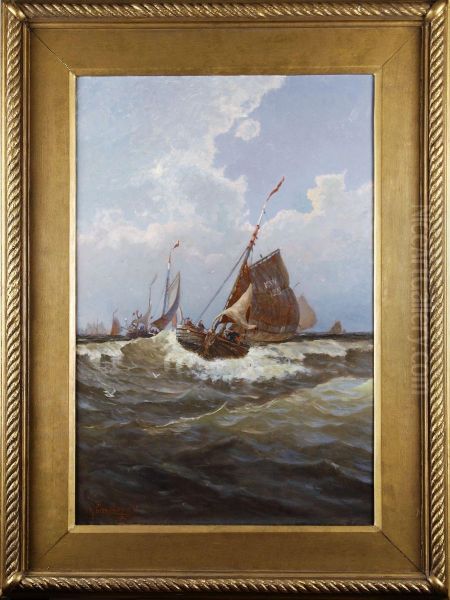 Fiskebatar I Open Sjofran Katwijk Oil Painting by Anund Emanuel