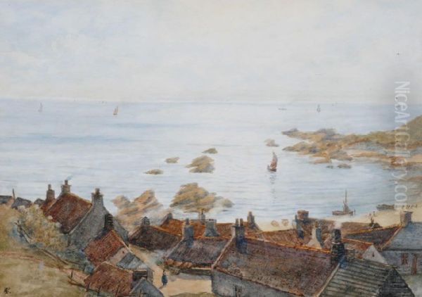 A View Across Rooftops Of A Coastal Village Oil Painting by Frank Lewis Emanuel