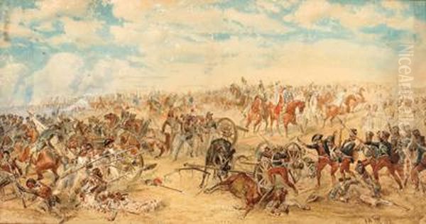 Schlacht Bei Neerwinden, 18. 3. 1793 , Osterreichische Dragoner, Husaren Und Esterhazy-infanterie Unter Gmjr. Lutzow Gegen Franzosische Artillerie Unter General Lamarche Oil Painting by Wilhelm Emele