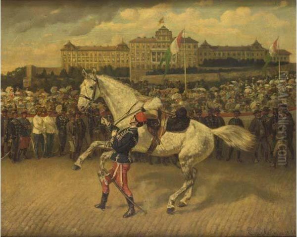 A Military Parade In North Italy With A Hussar Leading A Grey Horse Oil Painting by Wilhelm Emele