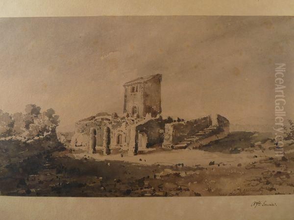 Suite De Trois Lavis D'encre Sur Papier Representant Une Bastide Romaine A Frejus, Et Deux Vue De Ruines Oil Painting by Auguste Emeric