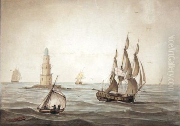 A Frigate Passing The Eddystone Lighthouse Oil Painting by John Emery