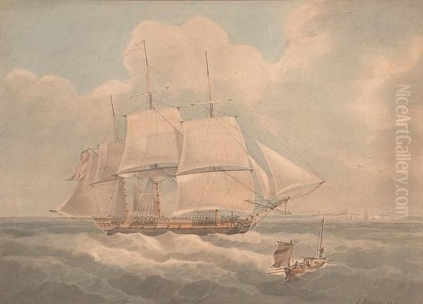 The Frigate 'h.m.s. Hind' Running Up The Channel Oil Painting by John Emery