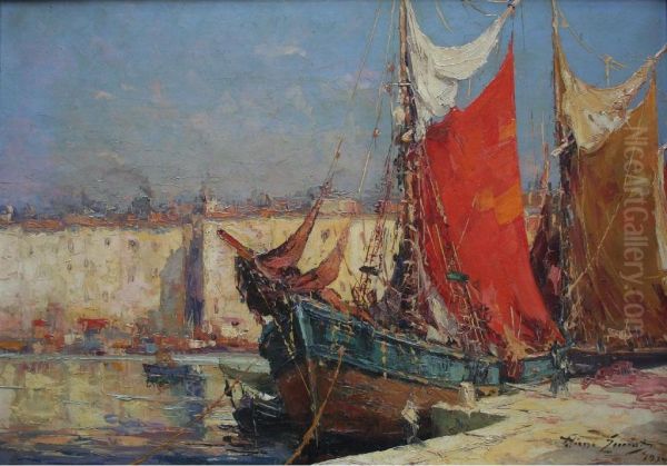 Boats At A Waterfront In A French Harbour Oil Painting by Pierre-Paul Emiot