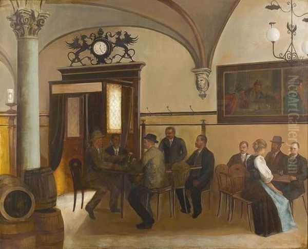 Gesellschaft Im Gasthaus. Oil Painting by Hans Emmenegger