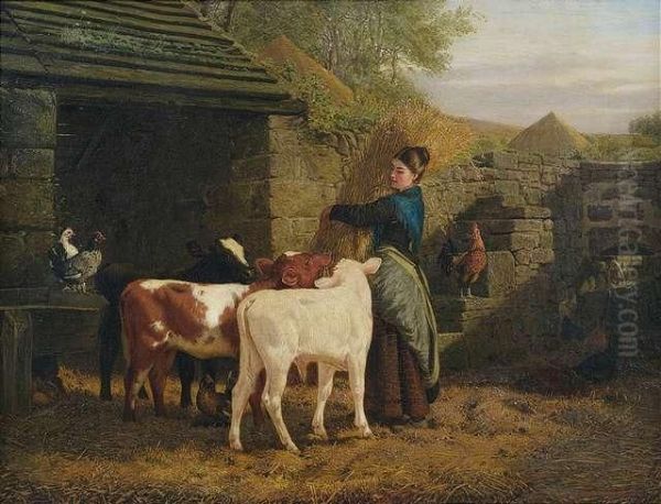 Peasant Woman With Three Little Calfs Oil Painting by Henry Hetherington Emmerson