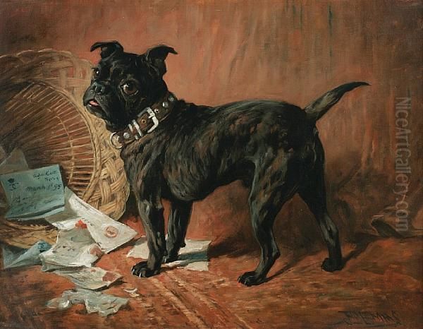 A Naughty Black Pug Oil Painting by John Emms