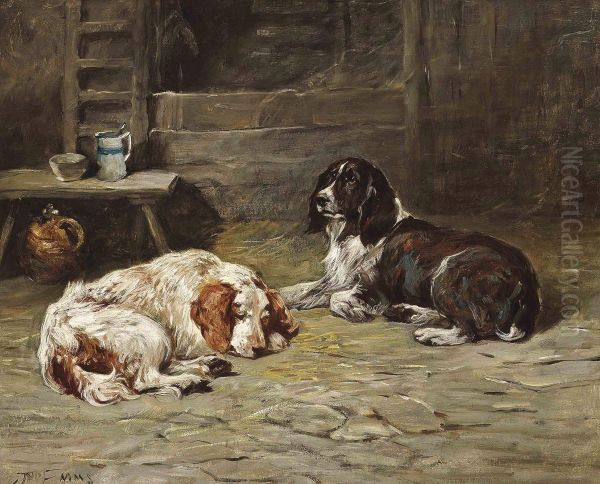 Two Spaniels In A Barn Oil Painting by John Emms