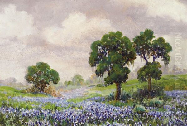 Live Oaks And Bluebonnets Oil Painting by Berla Emree