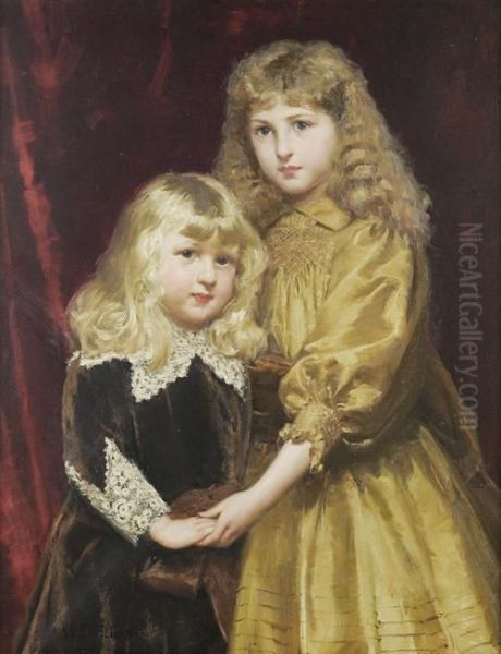 Portrait Of Jessica And Thomas Frost, She In A Gold Silk Dress, Her Brother In Van Dyck Costume Oil Painting by Alfred Edward Emslie