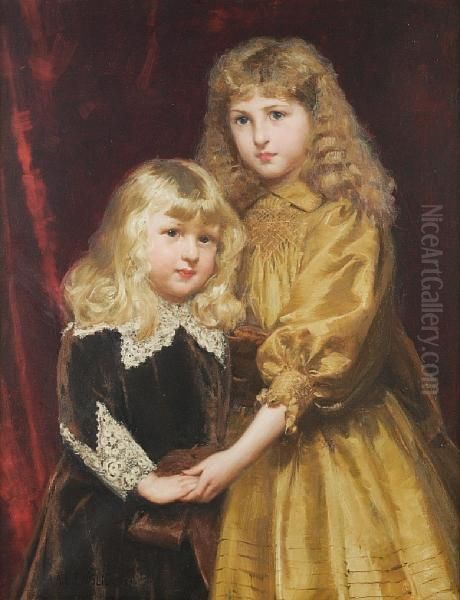 Portrait Of Jessica And Thomas Frost, She In Agold Silk Dress, Her Brother In Van Dyck Costume Oil Painting by Alfred Edward Emslie