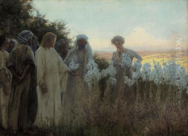 Christ In A Garden Of Lilies Oil Painting by Alfred Edward Emslie