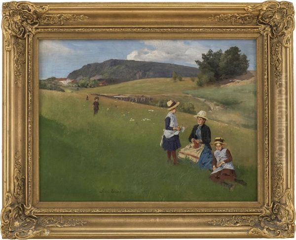 Landscape Scene With Woman And Children Oil Painting by Axel Ender