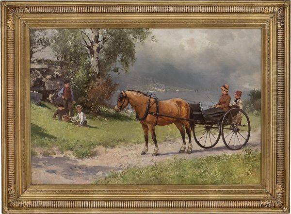 Kystlandskap Med Hest, Vogn Og Folkeliv Oil Painting by Axel Ender