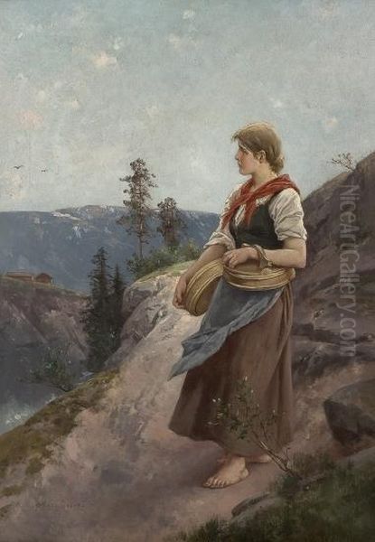 Girl Carrying Wooden Boxes Oil Painting by Axel Ender