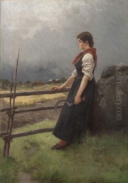 Girl With A Sickle By A Rail Fence Oil Painting by Axel Ender