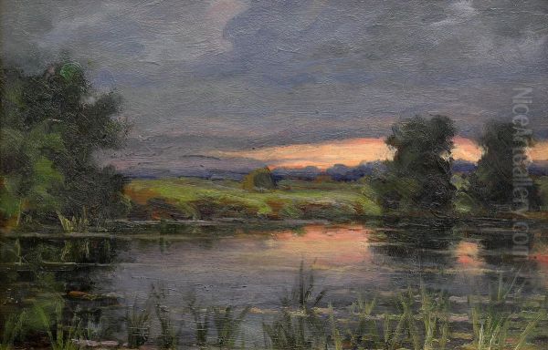 Landscape Study With A Lake At Sunset Oil Painting by Ivan Ivanovich Endogouroff