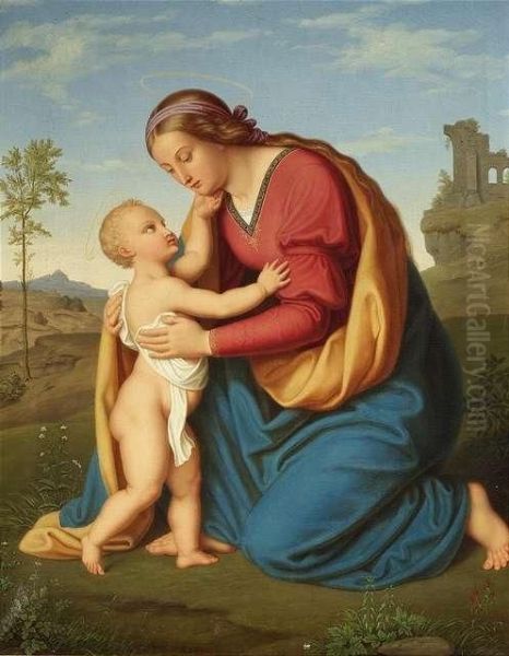 Madonna With Christ In Front Of A Landscape Oil Painting by Bernhard Endres