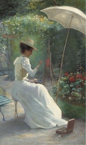 A Young Lady Painting In The Garden Oil Painting by Charles Endres