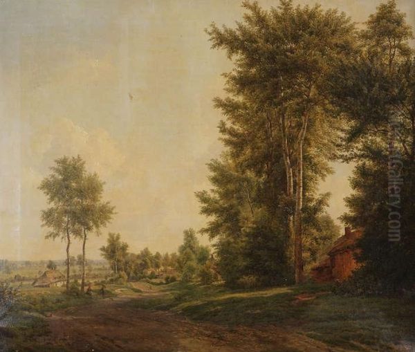 Landweg In De Omgeving Van Kortrijkmet Reizigers Oil Painting by Adolf Max K. Engel