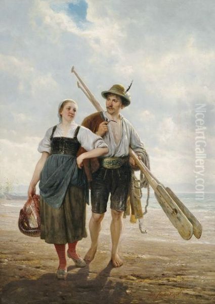 Fischerpaar Am Chiemsee Oil Painting by Johann Friedrich Engel