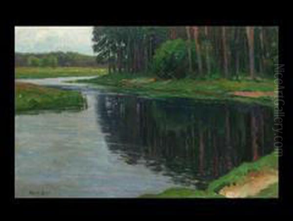 Flusslauf Am Waldrand Bei Berlin Oil Painting by Otto Heinrich Engel