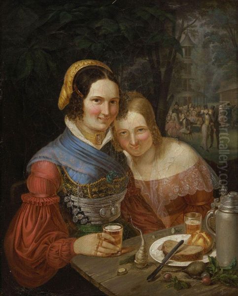 Zwei Munchner Madchen Im Englischen Garten Oil Painting by Carl Engel Von Der Rabenau