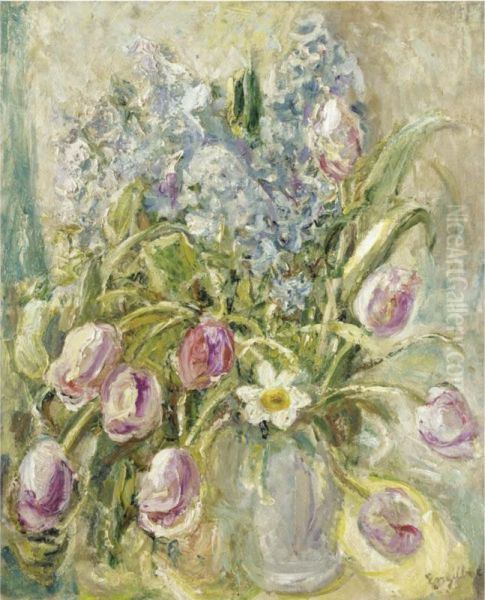 Still Life Of Tulips And Hyacinth Oil Painting by Florence Neumengen Engelbach