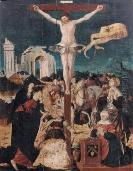 Donateurs Autour De La Crucifixion Oil Painting by Cornelius Engelbrechtsz